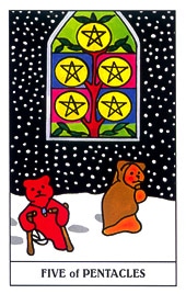 Lá Five of Pentacles trong bộ Gummy Bear Tarot