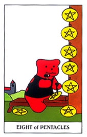 Lá Eight of Pentacles trong bộ Gummy Bear Tarot