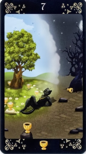 Ý nghĩa lá Seven of Cups trong bộ Black Cats Tarot