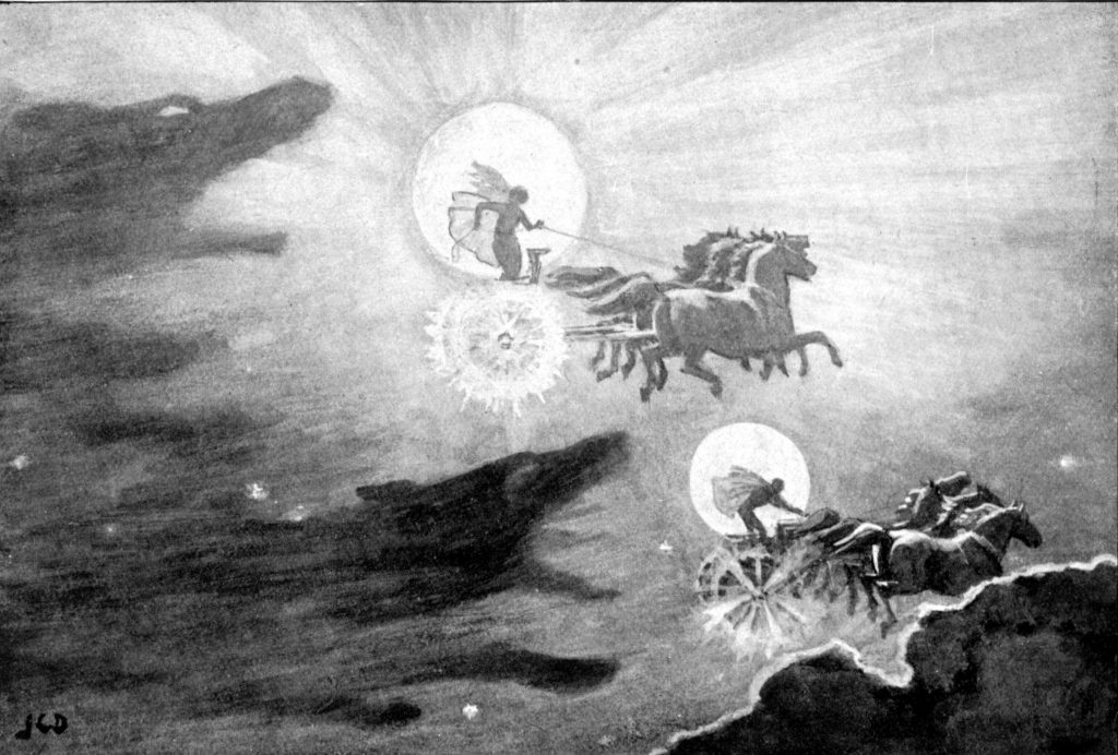 Hai con sói truy đuổi Sól và Máni (1909) – tranh của J.C. Dollman