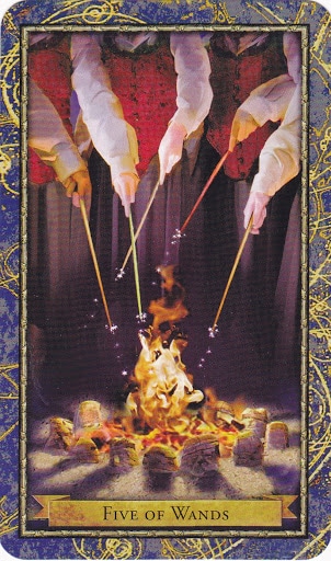 Ý nghĩa lá 5 of Wands trong bộ Wizards Tarot