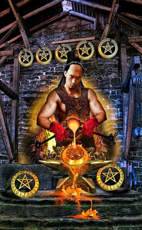 Lá Eight of Pentacles trong bộ Tarot Illuminati
