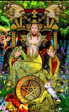Lá Queen of Pentacles trong bộ bài Tarot Illuminati