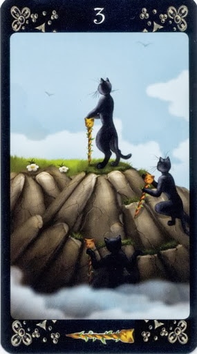 Ý nghĩa lá Three of Wands trong bộ Black Cats Tarot