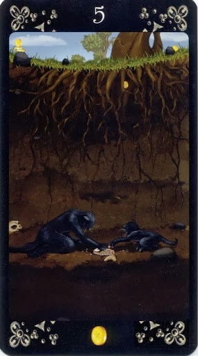 Ý nghĩa lá Five of Pentacles trong bộ Black Cats Tarot