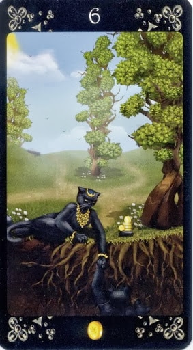 Ý nghĩa lá Six of Pentacles trong bộ Black Cats Tarot