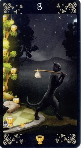 Ý nghĩa lá Eight of Cups trong bộ Black Cats Tarot