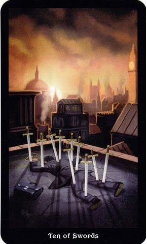 Ý nghĩa lá 10 of Swords trong bộ Steampunk Tarot