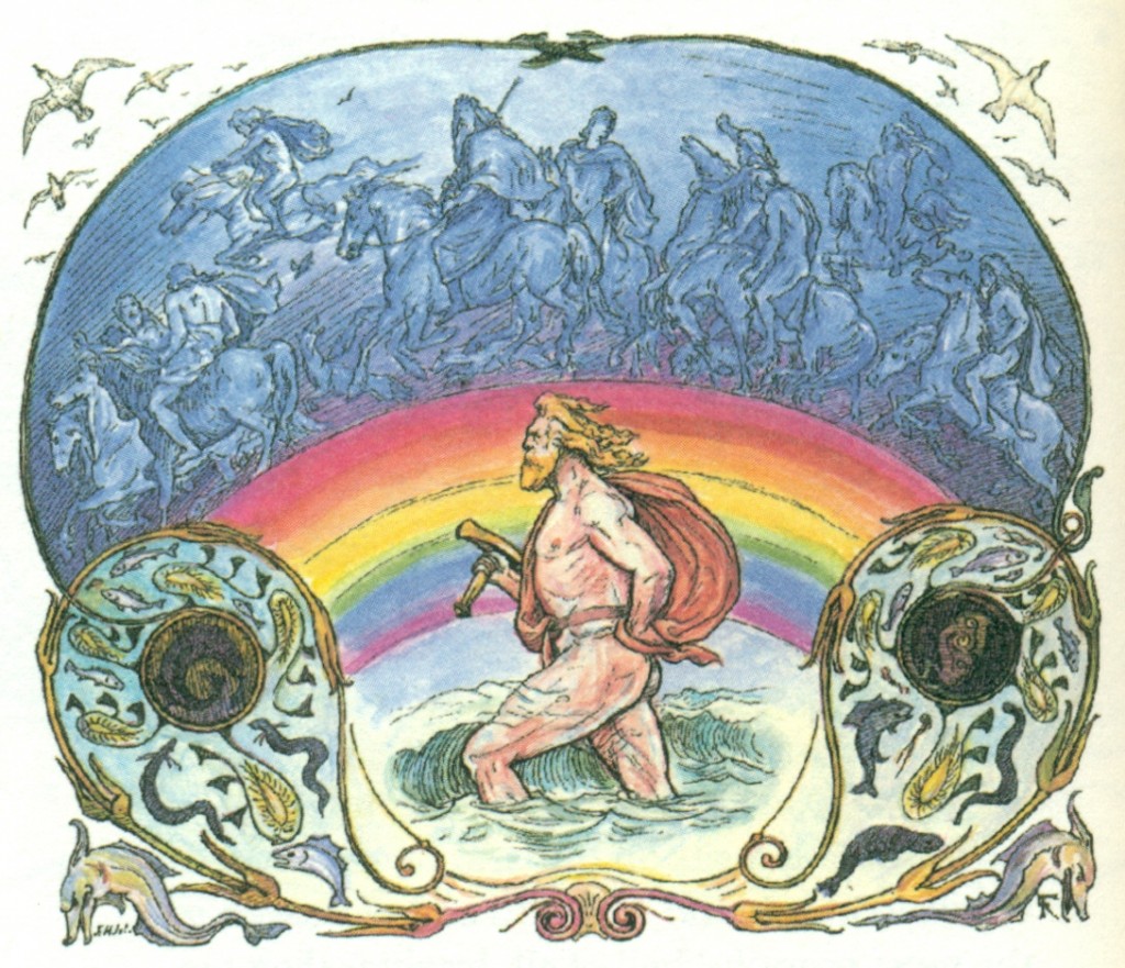 Þórr lội qua sông trong khi các thần Æsir còn lại đi trên cầu vồng Bifröst (1895) – tranh minh họa của Lorenz Frølich