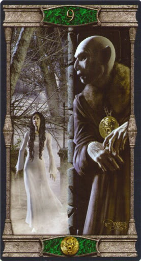 Ý nghĩa lá 9 of Pentacles trong bộ bài Vampires Tarot of the Eternal Night