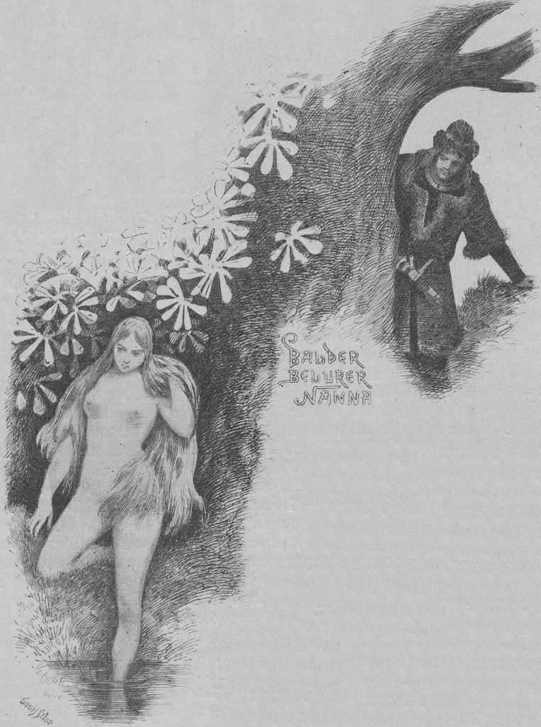 Baldr nhìn trộm Nanna tắm (1898) – tranh của Louis Moe