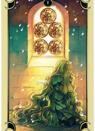 Lá Five of Coins – Mystical Manga Tarot